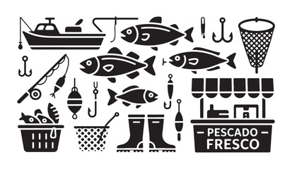 Set of isolated fishing gear icons featuring boats fish nets and tackle for angler sport. © RANA