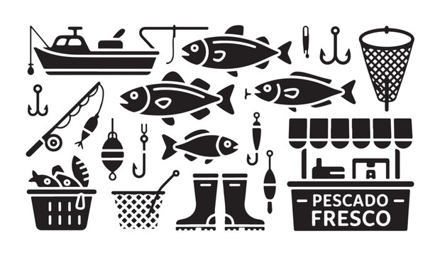 Set of isolated fishing gear icons featuring boats fish nets and tackle for angler sport.
