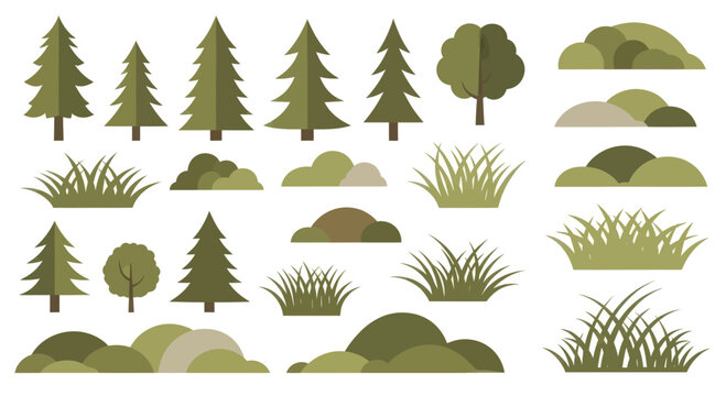 Collection of stylized trees and bushes for nature scenes.