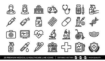 Naklejka premium Medical Healthcare Line Icons Set – Hospital, Doctor, Nurse, Medicine, Pharmacy, Laboratory, First Aid, Editable Vector Collection
