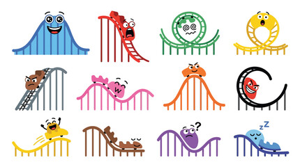 Obraz premium Collection of cartoon roller coasters with different emotions and expressions, representing fun and excitement.