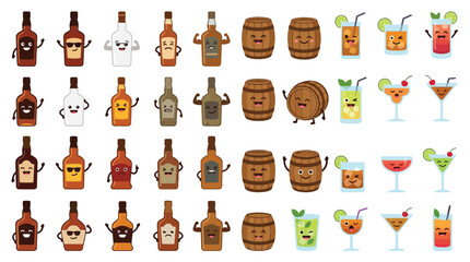 Fototapeta premium Collection of cute cartoon bottles of alcohol, barrels, and cocktails with happy faces and arms.