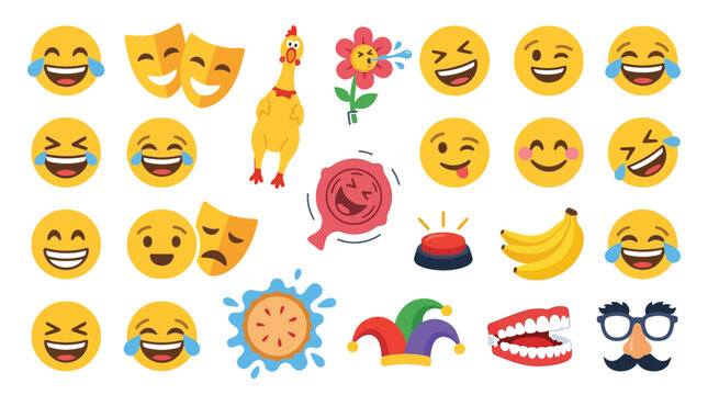 Collection of funny emojis, masks, and toys representing humor and joy.