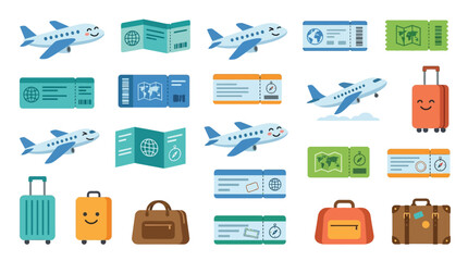 Collection of cartoon airplanes, boarding passes, and luggage for travel and vacation themes. © jaina