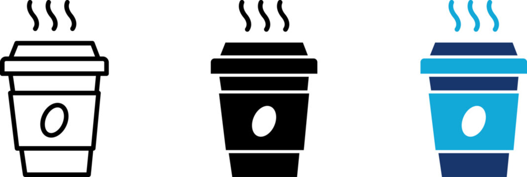 Coffee cup icon set showing professional disposable paper takeaway cup with lid and hot steam waves for cafe shop breakfast beverage espresso morning drink and caffeine refreshment