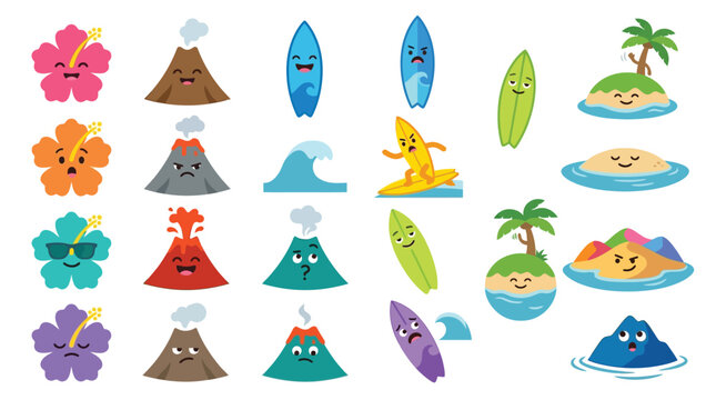 Cute Cartoon Tropical Island Elements: Volcanoes, Hibiscus Flowers, Surfboards, Waves, and Islands.