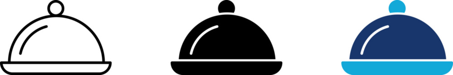 Food cloche icon set showing professional restaurant cloche serving platter with dome cover lid for luxury fine dining catering hospitality buffet menu and chef meal © Shahar