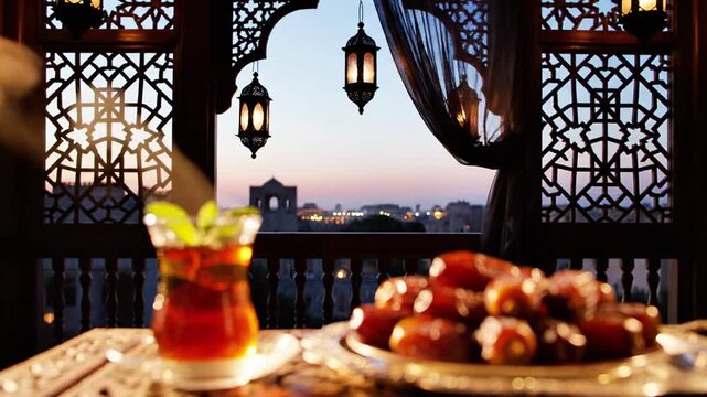 A serene rooftop setting with a refreshing drink and a plate of dates at sunset