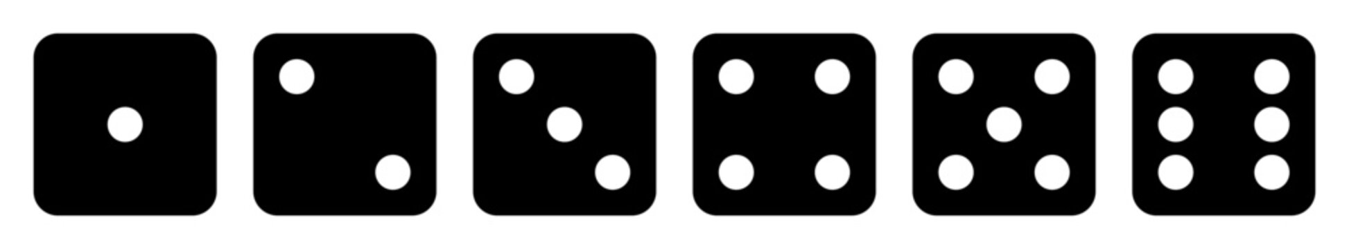 Dice icon set with all six faces in black color with white dots. Ludo game dice symbols. Set of six sides of a die icon in black color with white dots isolated on a transparent background