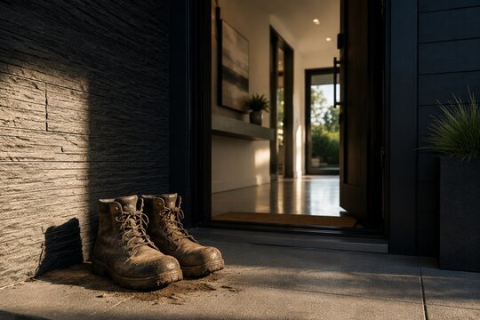 A pair of worn work boots placed neatly outside a modern home entrance.