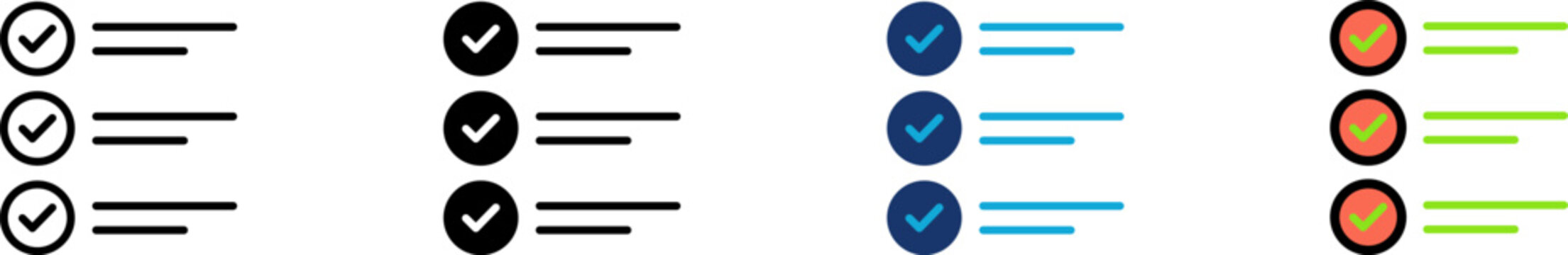 Checklist icon set showing professional UI UX task completion checkmark list with circular approved badges and text rows for web application project plan and schedule management