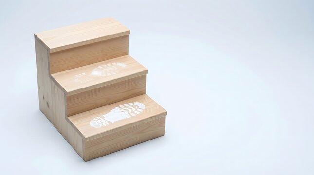 Three plain wooden steps with clear human bootprint on lowest step fading to nothing on top step on white surface, human handover to automation AI replacement last human step tech ethics concept art 