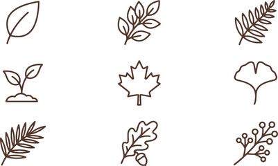 Obraz premium Set of various leaf and plant including maple, ginkgo, fern, oak, and berry branches, rendered in a simple line style on white