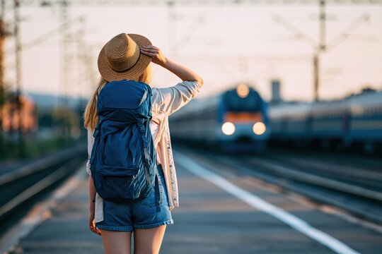Traveler with a backpack waiting for a train on a railway platform at golden sunset