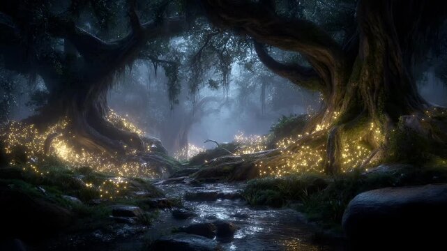Fantasy, mysterious, wallpaper. A vivid portrayal of a mystical forest at night. The main subject is a large, gnarled tree with intricate roots and mosscovered branches.