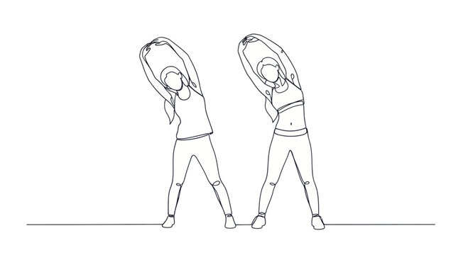 Two women stretching side body exercise line art.