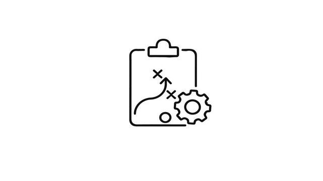 Minimalist line art icon of a clipboard with a strategic plan drawing and a gear symbolizing efficient execution in business planning and project management.