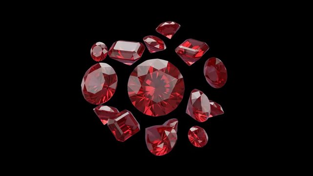 A luxurious collection of faceted, polished red rubies sparkling against a deep black background. This high-end asset conveys elegance, wealth, and value, perfect for jewelry advertisements, luxury br