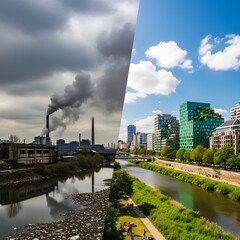 Obraz premium Stark Contrast - Polluted Industrial Landscape Versus Vibrant Green Urban Cityscape Divided.