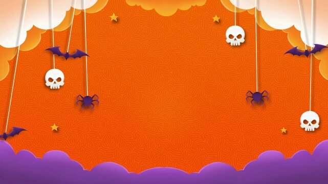 Spooky Halloween Vector Background with Hanging Skulls Bats and Spiders on Orange and Purple