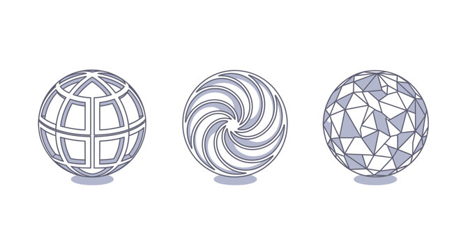 Three intricate wireframe spheres with geometric patterns.