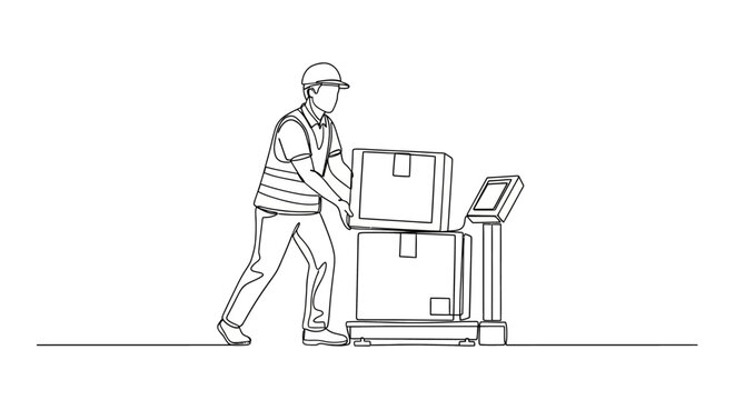 Worker pushing cart with stacked boxes illustration.