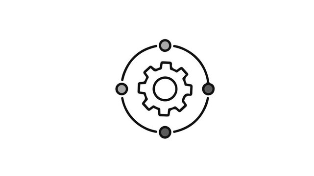 Abstract minimalist graphic symbol of a central gear within a circular flow of connected nodes, representing integration, process, technology, and system synergy in a clean, modern vector.