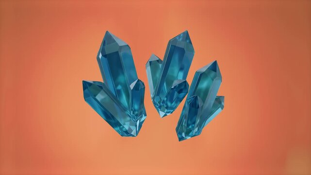 Radiant blue mineral crystal structures floating dynamically over a complementary warm orange backdrop. The stark color contrast creates a bold visual statement perfect for artistic branding, tech, an
