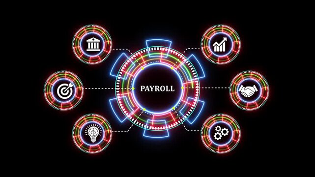 Payroll management system animation with neon digital interface on black screen.