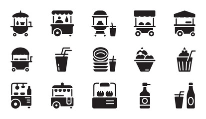 Street food cart icons set featuring mobile kiosks and refreshing drinks in vector format. © Ripon