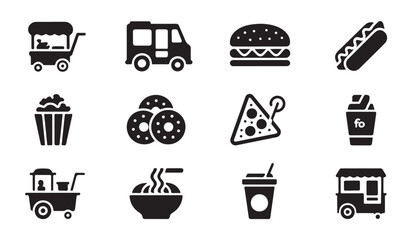 Gourmet street food icons featuring cart vendors snack meals and refreshing drink choices. © Ripon