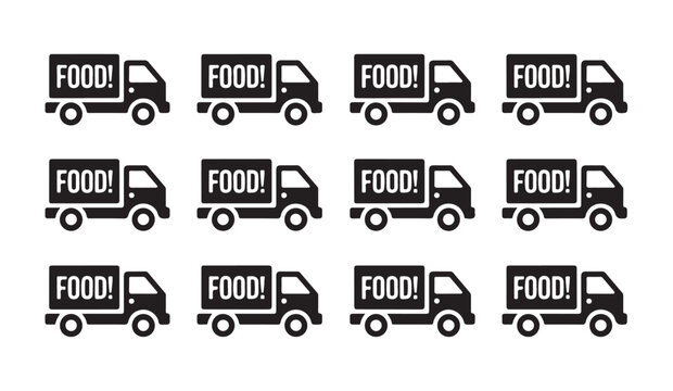 Delivery truck transportation vehicle icons for food logistics service and cargo shipment.