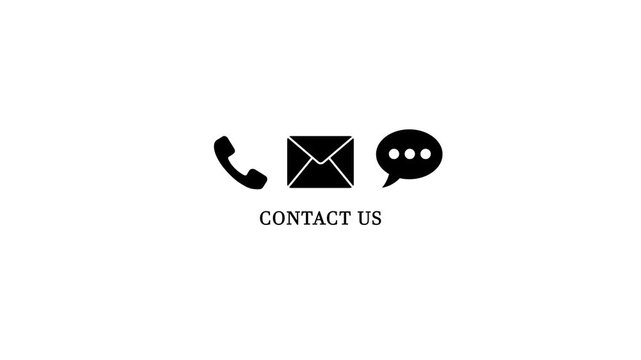 Contact Us Icon Animation with Phone Envelope Email and Chat Bubble Symbols Representing Customer Support Helpline Communication Information Desk and Business Identity Isolated, White Background Loop.
