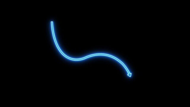 Glowing Neon Blue Curved Arrow Animation with S-Shape Wave Pointing Downward Indicating Business Loss Market Crash and Negative Economic Trend Concept Isolated on Black Background.