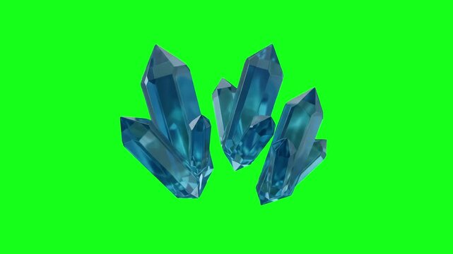 A clustered set of sparkling, translucent blue crystals with sharp, jagged geometric edges. Isolated against a chroma key green screen, these magical mineral assets are perfect for fantasy games, sci-
