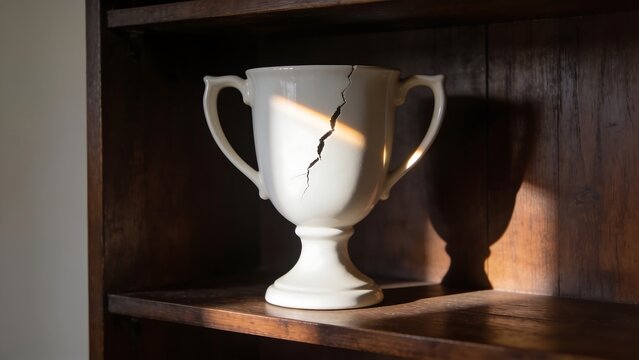 Broken White Trophy Cup on Wooden Shelf
