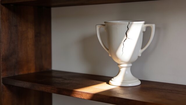 Broken White Ceramic Trophy Cup on Wooden Shelf