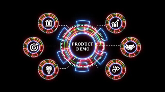 Product demo presentation concept with glowing circular digital interface HUD icons.