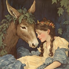 Vintage Fairy Tale Illustration of a Young Girl and a Donkey in an Enchanted Forest © Chayan