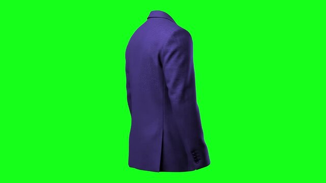 A classic 3D animation of a formal purple-blue men's blazer or suit jacket shown from a three-quarter back view. The invisible man style clothing asset is isolated on a solid green screen backdrop for