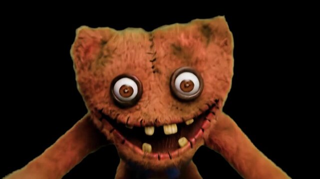 A atmospheric 3D render of a scary brown stitched plush monster face with a sinister smile and large bulging eyes, set against a dark black backdrop. Great for dark fantasy concepts, horror film trail