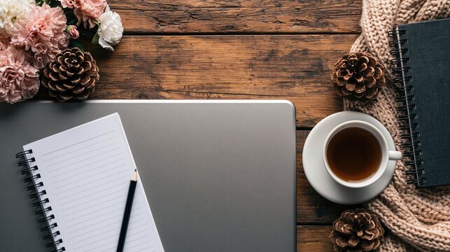 Desk with coffee and notebook on wooden table for cozy autumn workspace flat lay