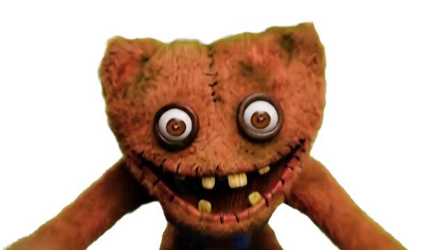 A close-up 3D render of a creepy brown plush monster character with a wide stitched smile, large round eyes, and a worn fabric texture, set against a plain white background. Ideal for horror game prom