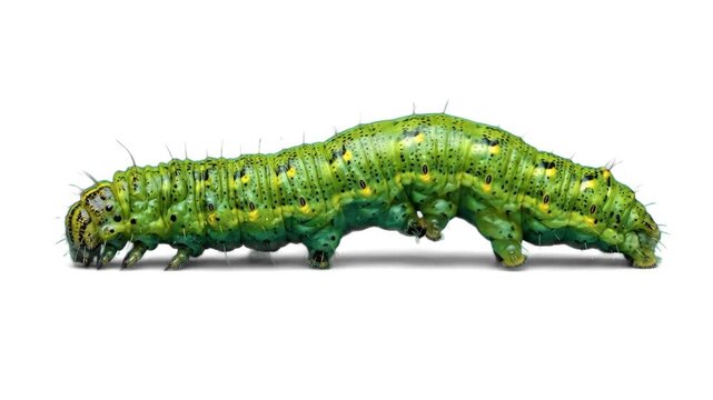 A detailed green caterpillar or inchworm crawling forward with a looped body posture, isolated on a clean white background. Ideal for nature documentaries, biology lesson videos, garden pest control a