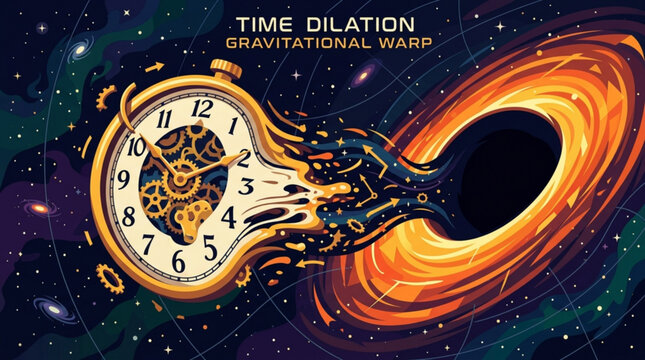 Time dilation and gravitational warp with melting clock near black hole in deep space conceptual illustration showing relativity
