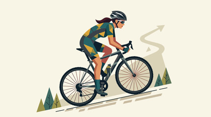 Obraz premium Woman cyclist riding uphill on winding road with arrow path