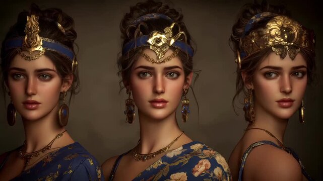 Greek mythology goddess. A detailed digital portrait of a woman, rendered in three distinct poses. She wears ornate gold and blue headpieces with intricate designs and large, dangling earrings.