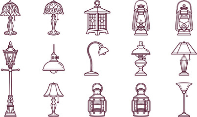 Naklejka premium Collection of diverse lighting fixtures, including street lamps, pendant lights, table lamps, and lanterns in a clean, dark brown line style