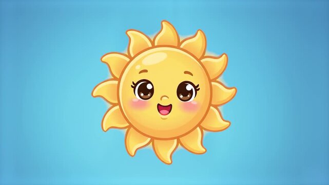 A delightful, stylized cartoon sun character with large, expressive eyes and a warm smile, set against a soft blue sky backdrop. This high-quality, friendly sun mascot is perfect for educational child