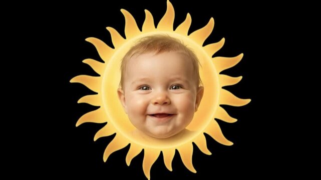 A happy smiling baby face framed by vibrant golden sun rays, isolated on a solid black background. Ideal for glowing light effects, morning themes, children's video overlays, and keyable visual design